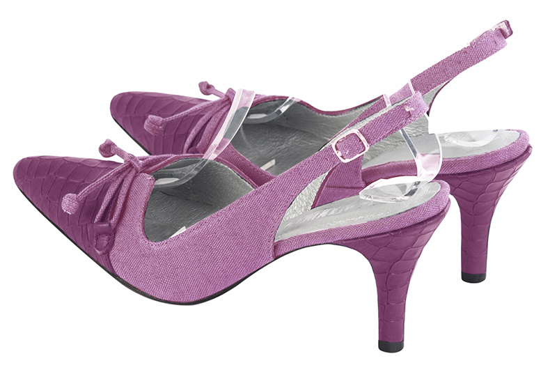 Mauve purple women's open back shoes, with a knot. Tapered toe. High slim heel. Rear view - Florence KOOIJMAN
